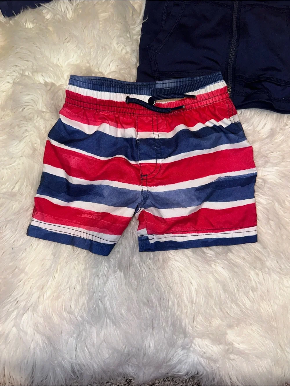 Kids Navy & Red Striped Swim Shorts and Navy blue zip up rash guard 2T EUC